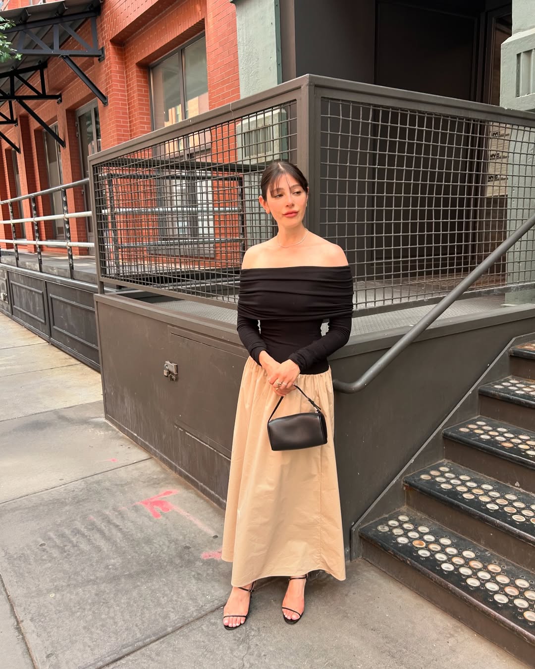 Black Off-Shoulder Jersey Top with Flowing Beige Midi Skirt — Off the Shoulder Top Outfits 2027