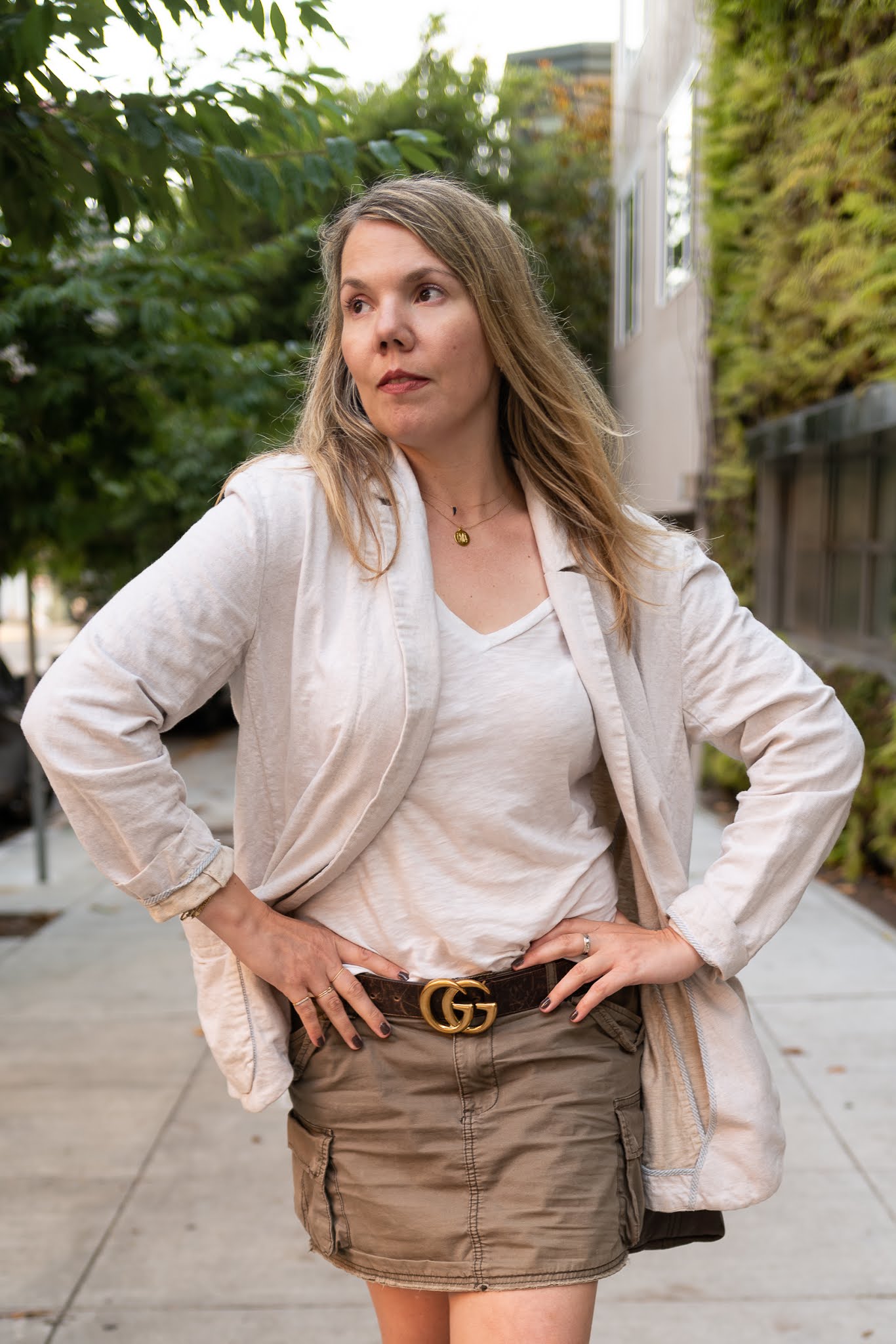 Casual Khaki Cargo Mini Skirt with Statement Belt and Blazer — Cargo Skirts 2027