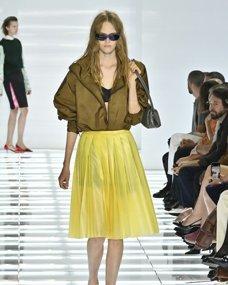 Olive Green Jacket with Yellow Satin Skirt for Spring Work — Spring Outfits 2027 for Work