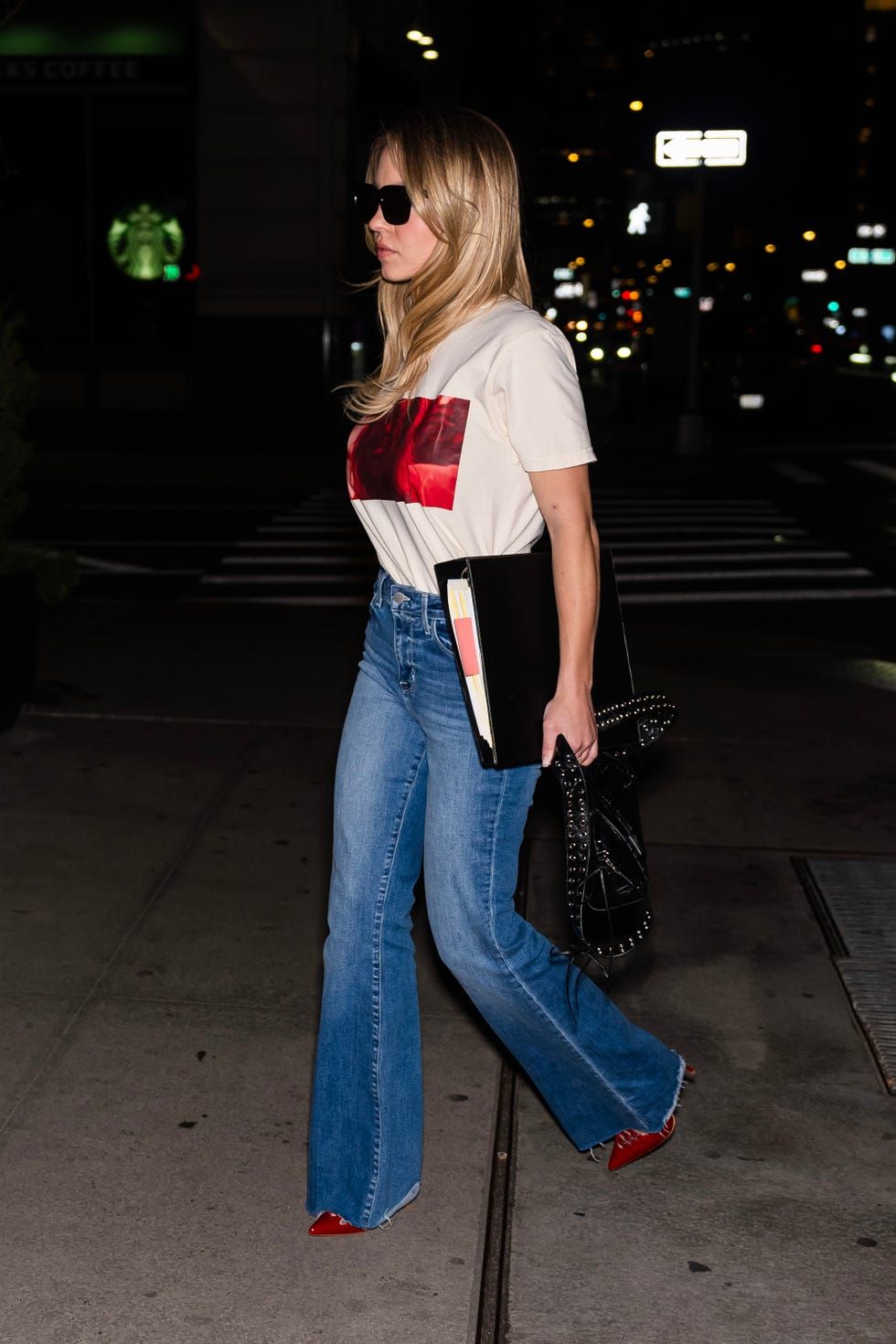 Red Heeled Mules with Graphic Tee and Wide-Leg Jeans Red Heeled Mules with Graphic Tee and Wide-Leg Jeans — Bootcut Jeans Outfits 2027 with Heels