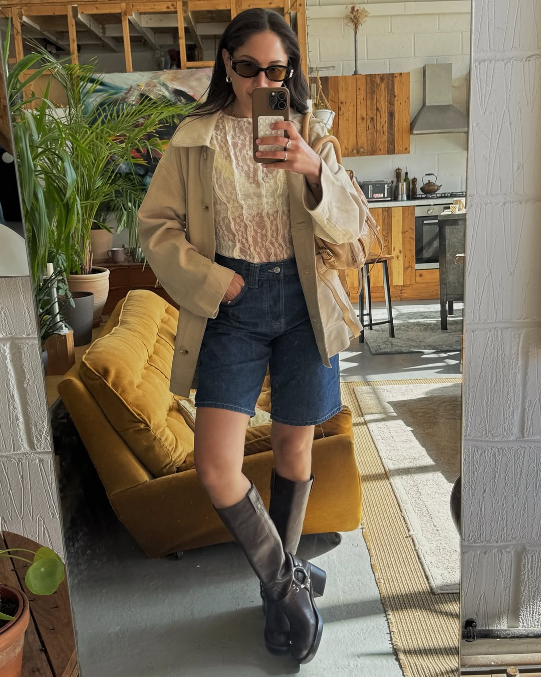 Dark Wash Jorts with Trench Coat and Lace Top Dark Wash Jorts with Trench Coat and Lace Top — Jorts Outfits 2027