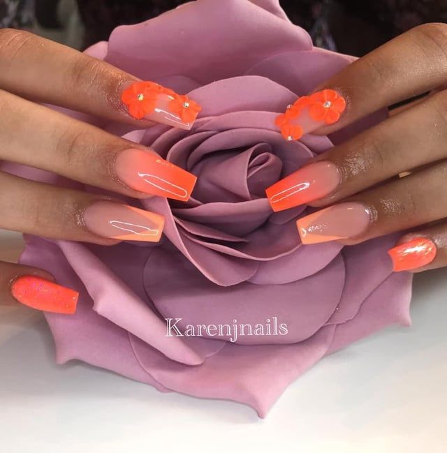 3D Neon Orange Floral Coffin Nails 3D Neon Orange Floral Coffin Nails — Neon Acrylic Nails 2027