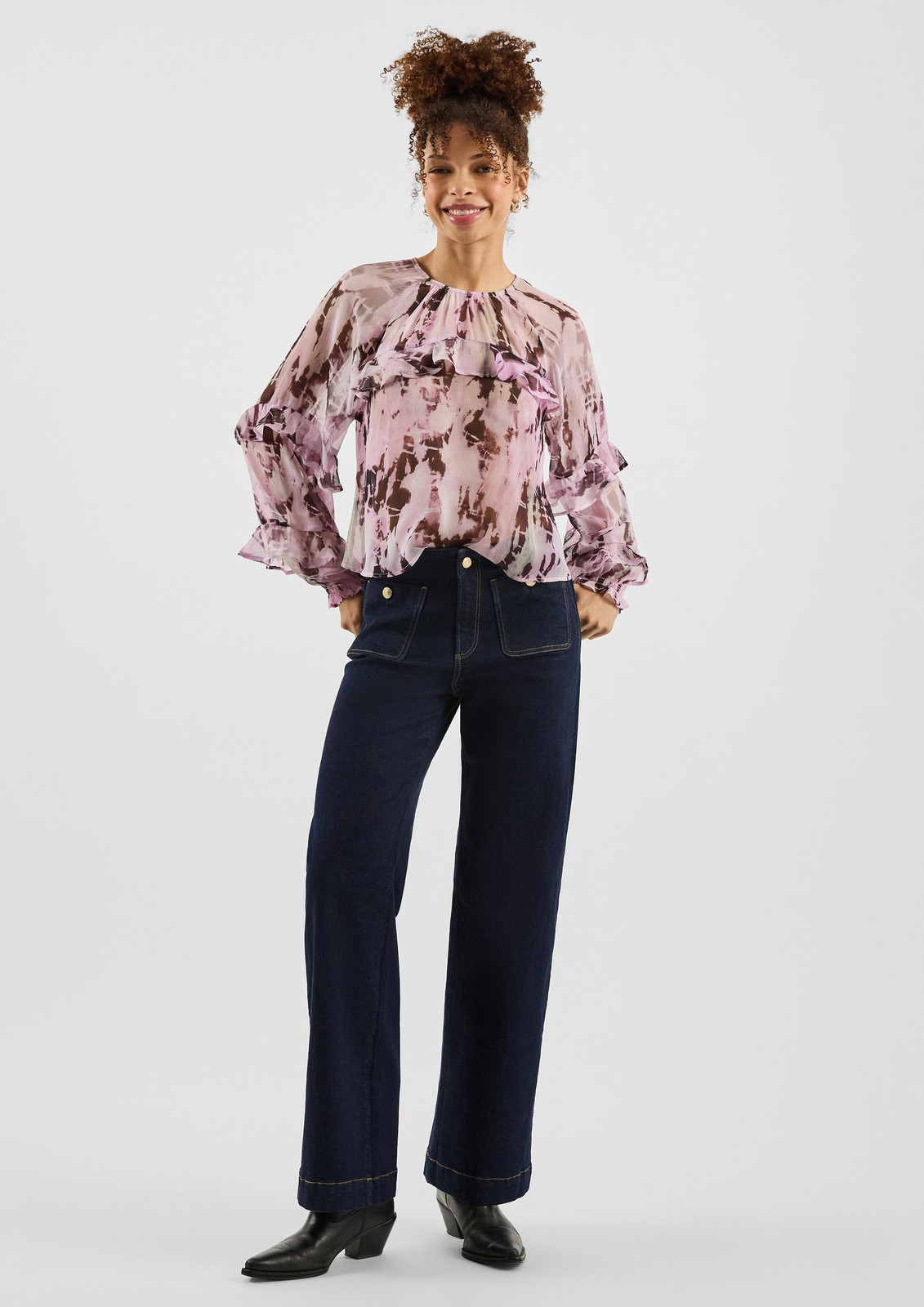 Floral Chiffon Blouse with Wide-Leg Jeans and Boots Floral Chiffon Blouse with Wide-Leg Jeans and Boots — Chiffon Blouse Outfits 2027