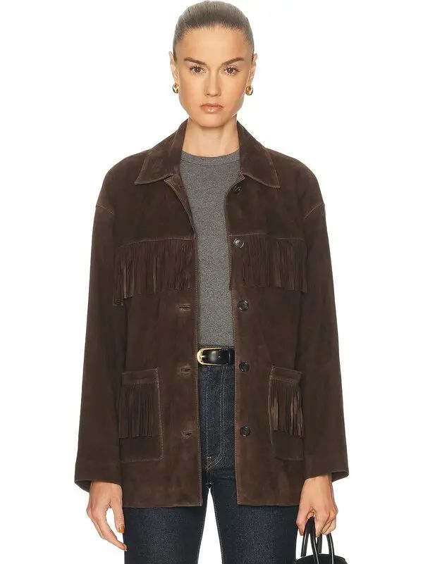 Relaxed Fit: Oversized Brown Fringe Jacket with Grey Tee Relaxed Fit: Oversized Brown Fringe Jacket with Grey Tee — Fringe Jacket Outfits 2027