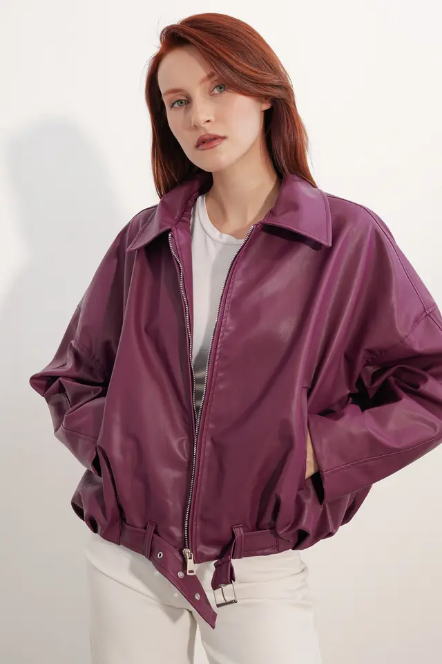 Oversized Purple Leather Bomber Jacket with White Trousers Oversized Purple Leather Bomber Jacket with White Trousers — Purple Leather Outfits 2027