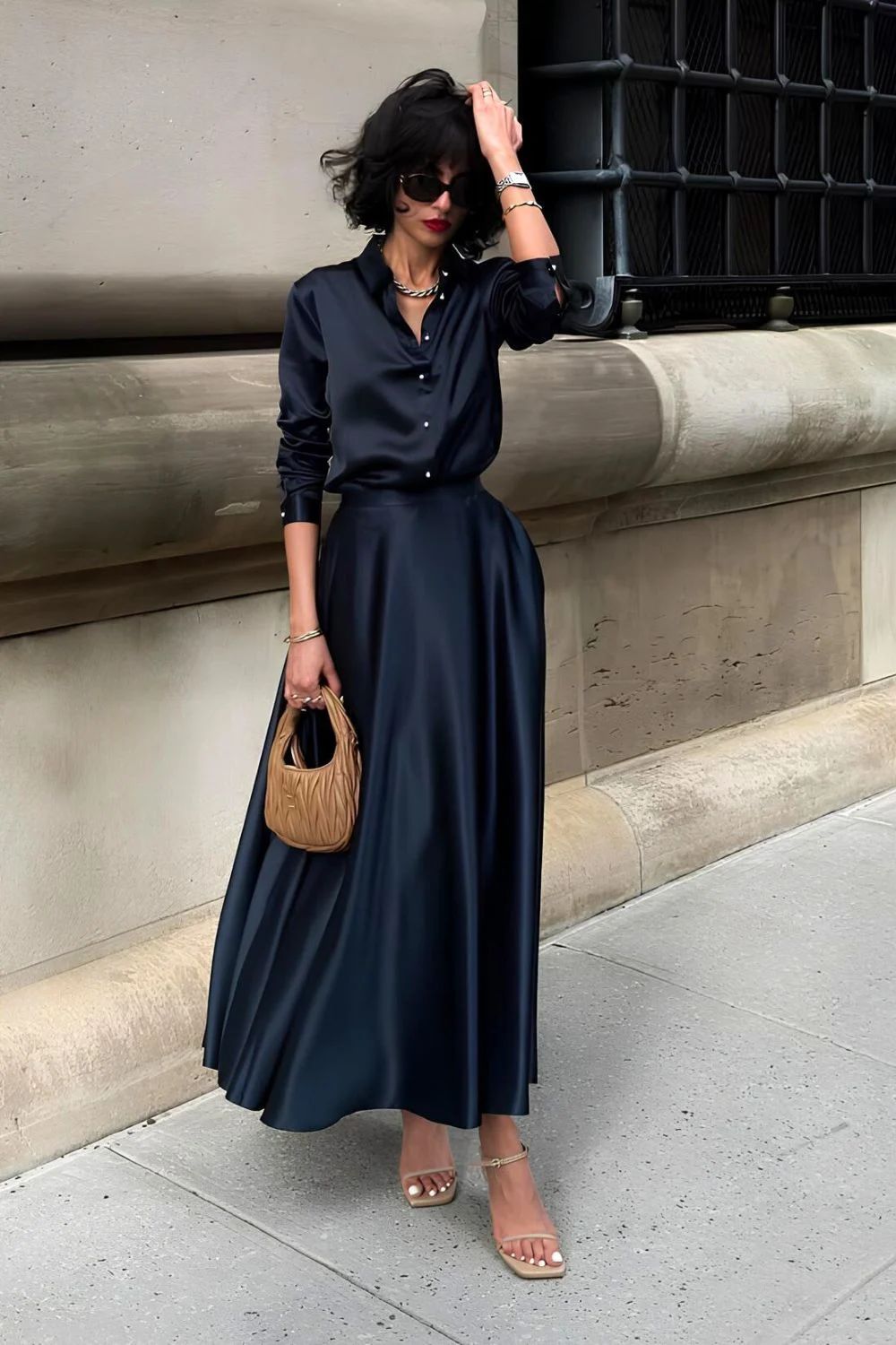 Elegant Navy Silk Maxi Skirt for Versatile Styling Elegant Navy Silk Maxi Skirt for Versatile Styling — Winter Blue Outfits 2027