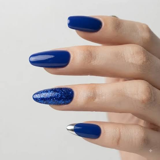 Deep Blue Glitter Accent Silver French Deep Blue Glitter Accent Silver French — Blue Christmas Nails 2026