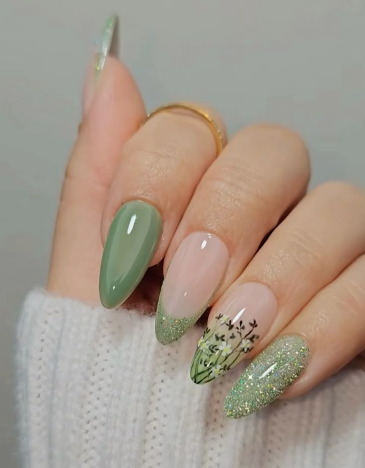 Sage Green Floral Glitter Almond Nails Sage Green Floral Glitter Almond Nails — Summer Almond Nails 2027