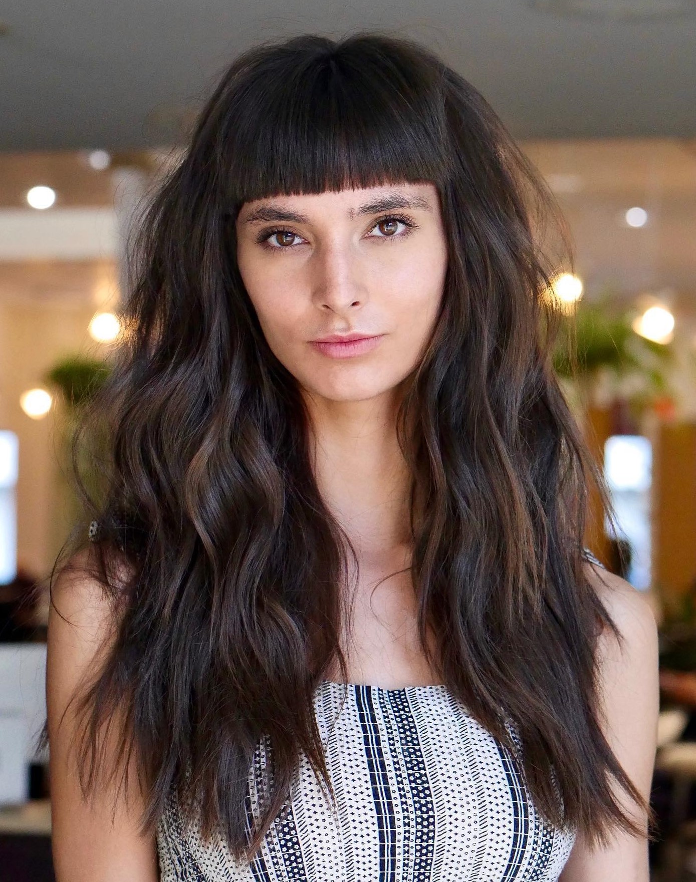 Dark Brown Mid-Back Wavy Hair With Blunt Bangs Dark Brown Mid-Back Wavy Hair With Blunt Bangs — Black Bangs 2027
