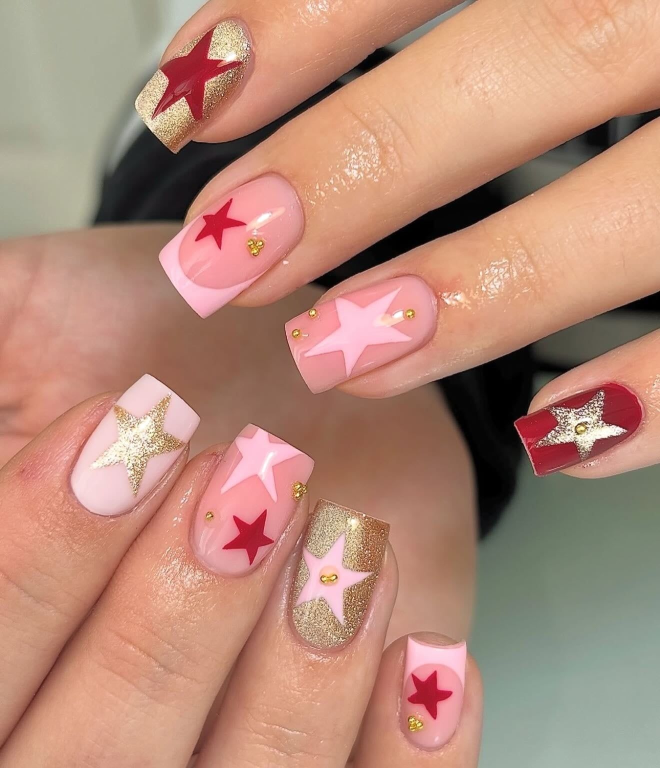 Visual Idea — Small Gold Beads Accent Some Nails Visual Idea — Small Gold Beads Accent Some Nails — Anniversary Nails 2027