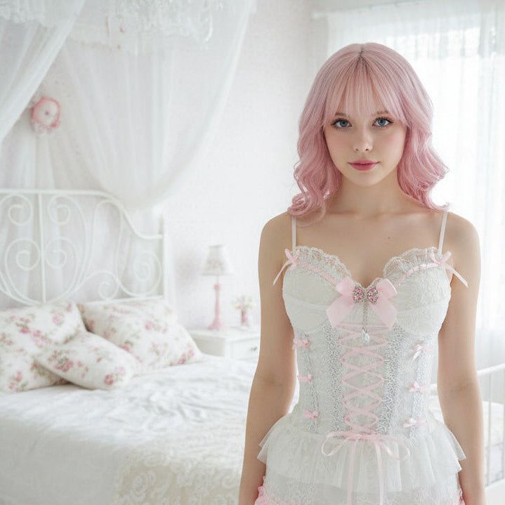 Delicate Opulence: White Lace Corset Adorned with Pearls and Bows Delicate Opulence: White Lace Corset Adorned with Pearls and Bows — Coquette Corset Top Outfits 2027