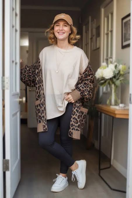 Casual Comfort: Leopard Cardigan with Leggings Casual Comfort: Leopard Cardigan with Leggings — Mom Outfits 2027