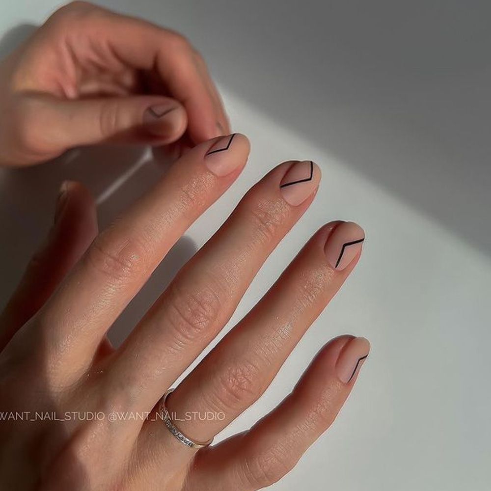Short Almond Nude Geometric Abstract Lines Short Almond Nude Geometric Abstract Lines — Minimal Line Art Nails 2027