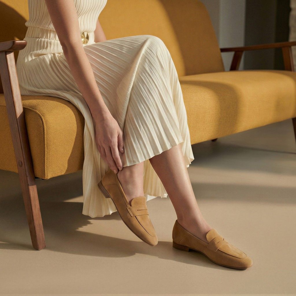 Tan Suede Loafers with Cream Pleated Midi Skirt Tan Suede Loafers with Cream Pleated Midi Skirt — Spring Outfits 2027 with Loafers