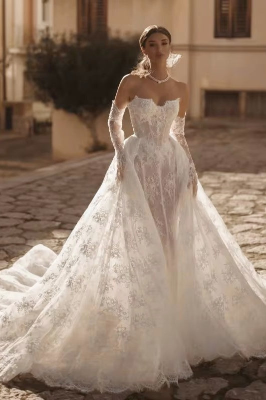 Lace Ballgown with Detachable Sleeves and Pearl Necklace Lace Ballgown with Detachable Sleeves and Pearl Necklace — All White Outfits 2027