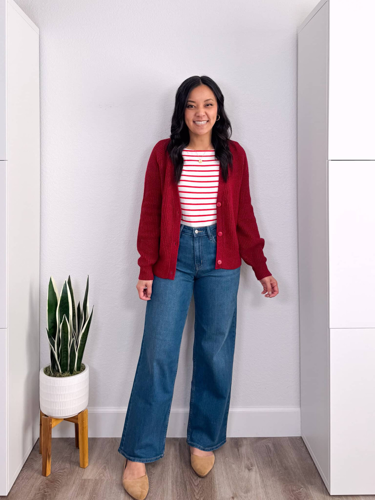 Red Cardigan and Striped Tee Combo for Playful Spring Red Cardigan and Striped Tee Combo for Playful Spring — Chilly Spring Outfits 2027