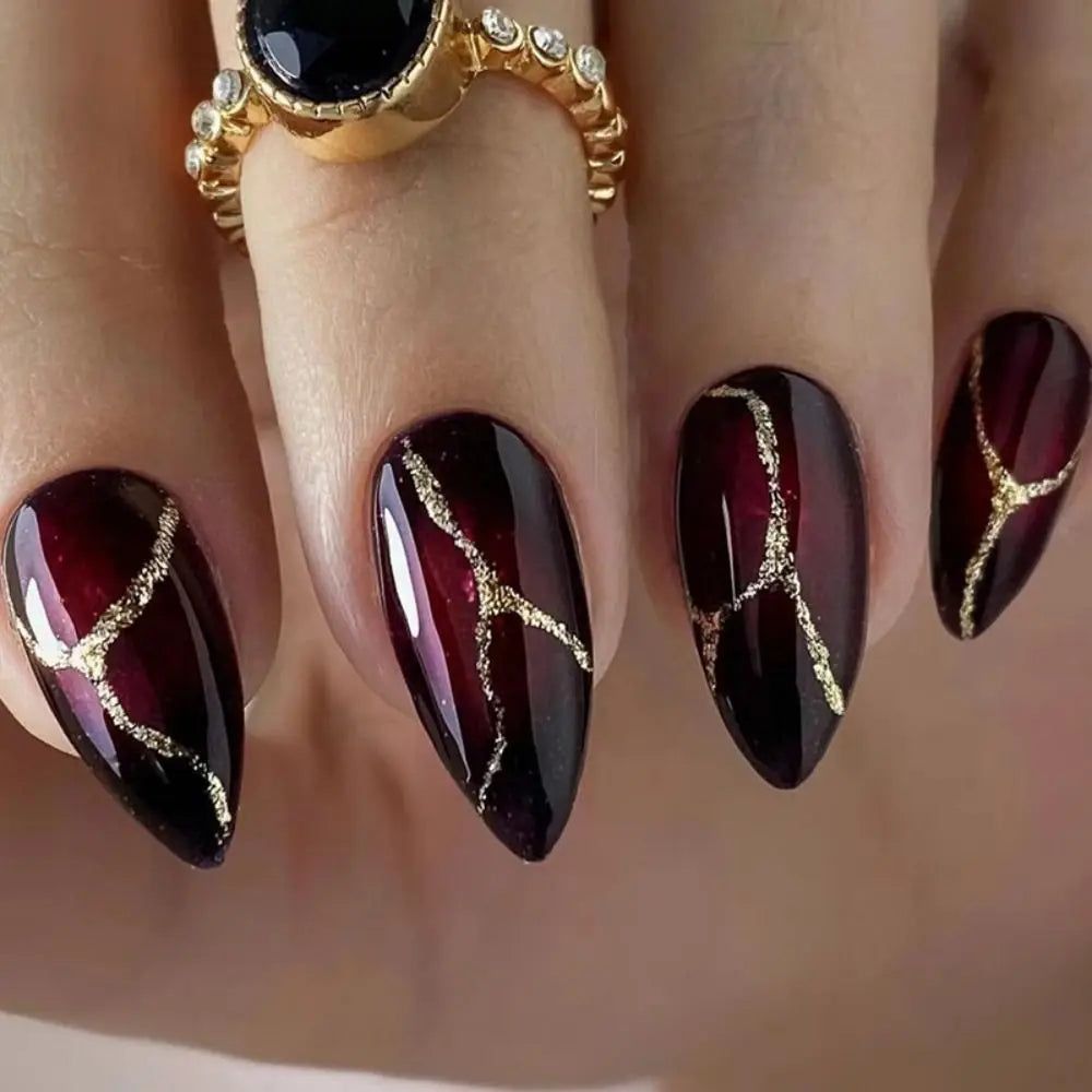 Deep Burgundy Gold Kintsugi Lines Nails — Garnet Nails 2027