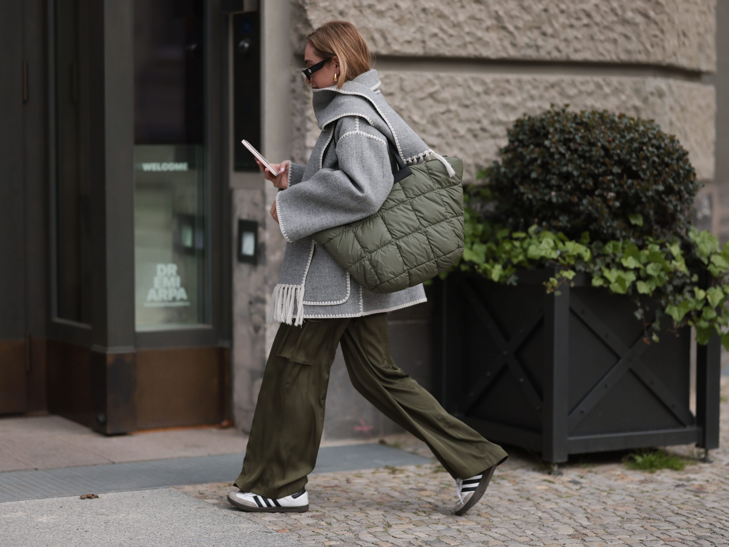 Olive Green Trousers and Textured Coat with Olive Green Adidas Samba Olive Green Trousers and Textured Coat with Olive Green Adidas Samba — Adidas Samba Spring Outfits 2027