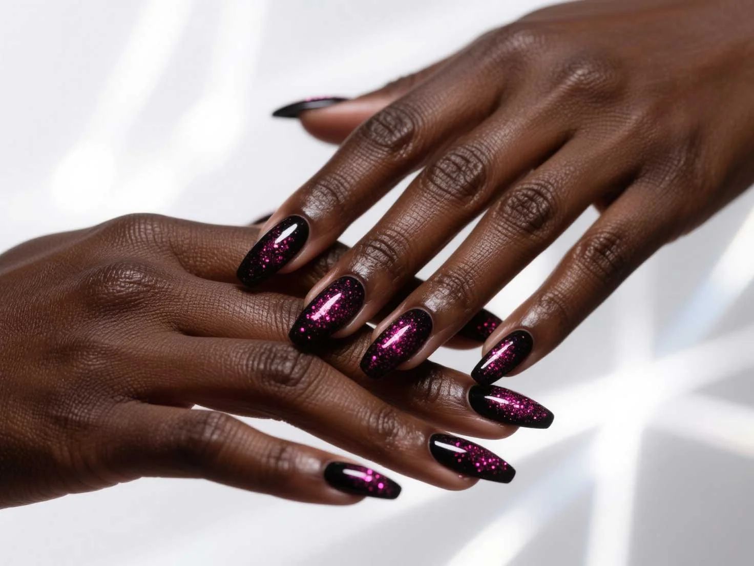 Glossy Black with Dense Magenta Glitter Almond Nails Glossy Black with Dense Magenta Glitter Almond Nails — Winter Nail Colors 2027 for Dark Skin