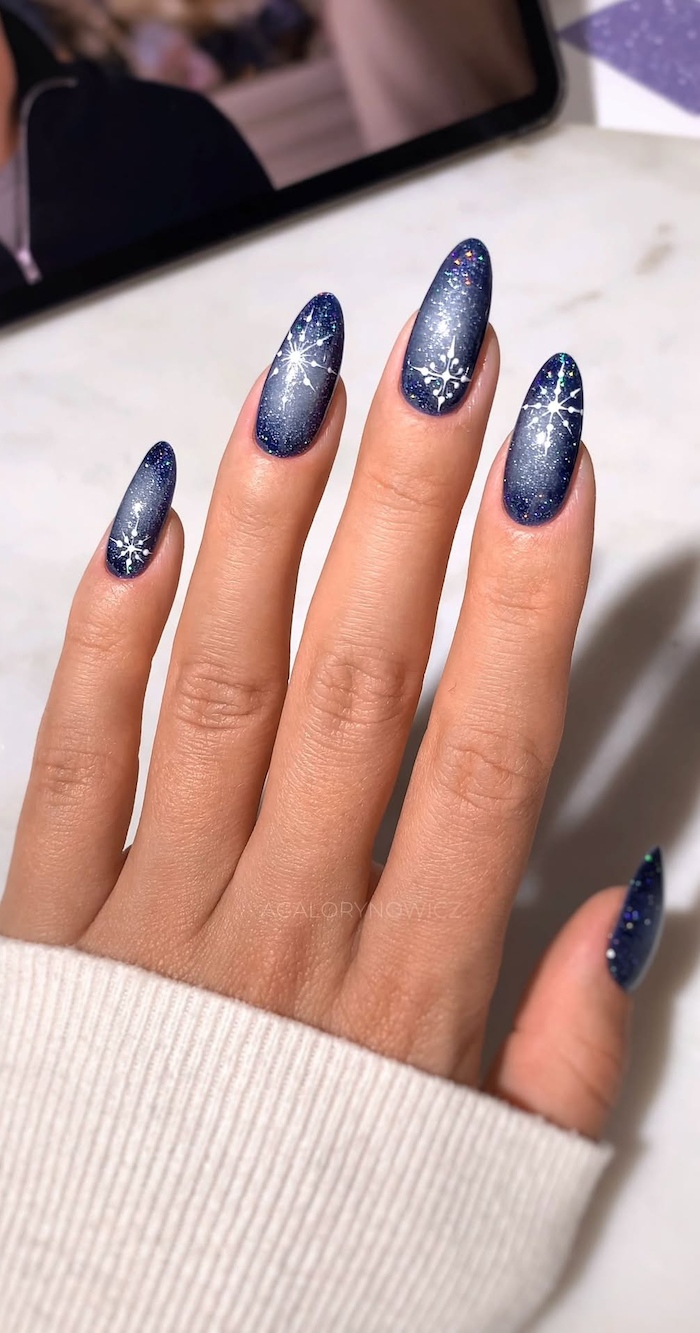 Blue Gradient Snowflake Stiletto — Sparkly Prom Nails 2027