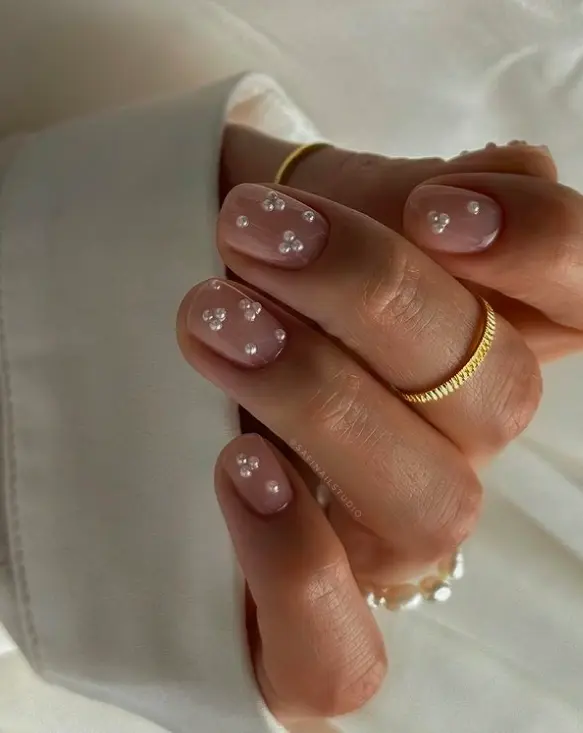 Sheer Nude Pink Pearl Embellished Sheer Nude Pink Pearl Embellished — Simple Wedding Nails 2027