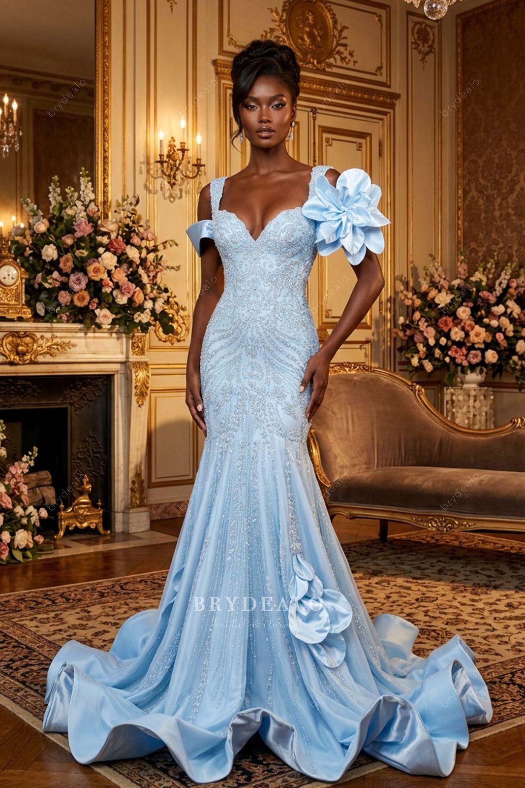 Sky Blue Lace Mermaid Gown with Floral Appliqués Sky Blue Lace Mermaid Gown with Floral Appliqués — Mermaid Gala Dress 2027