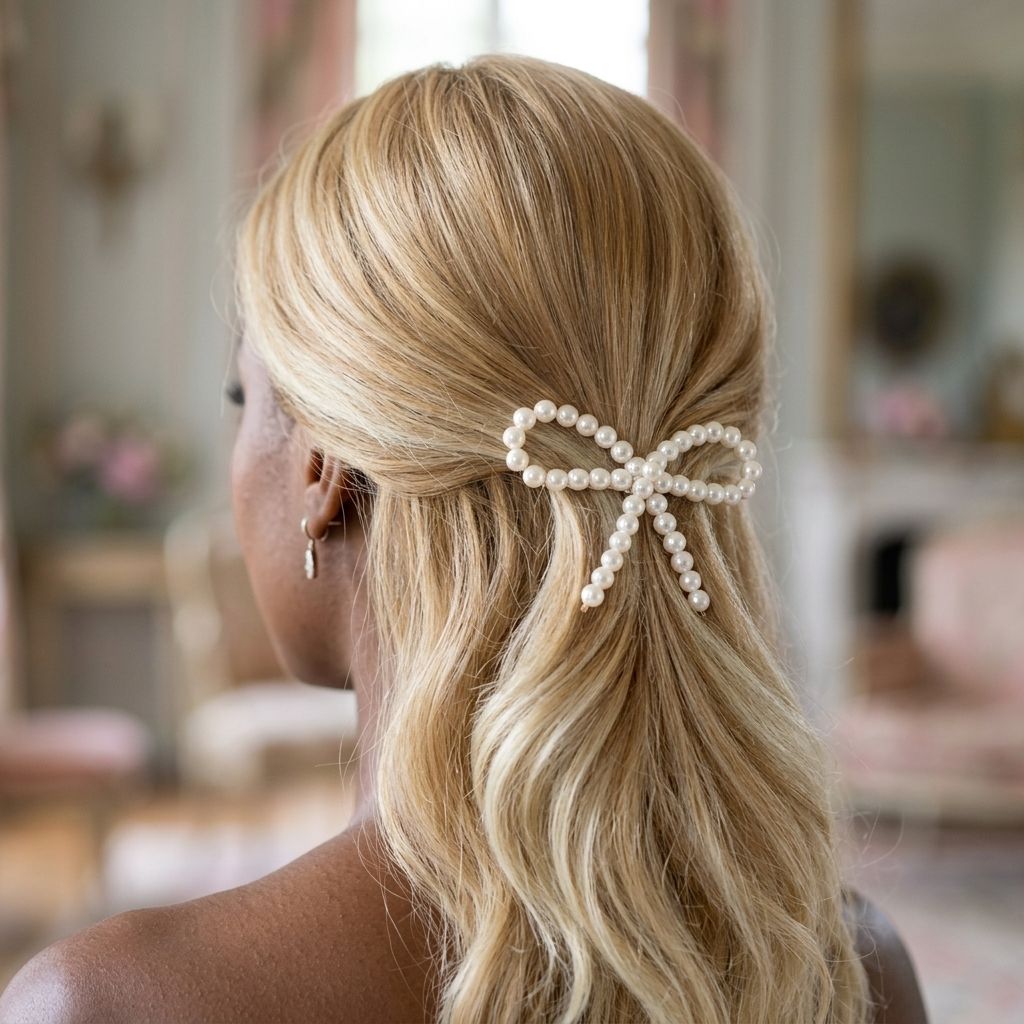 Pearl Bow Barrette Half-Up on Blonde — Barrette Hairstyles 2027