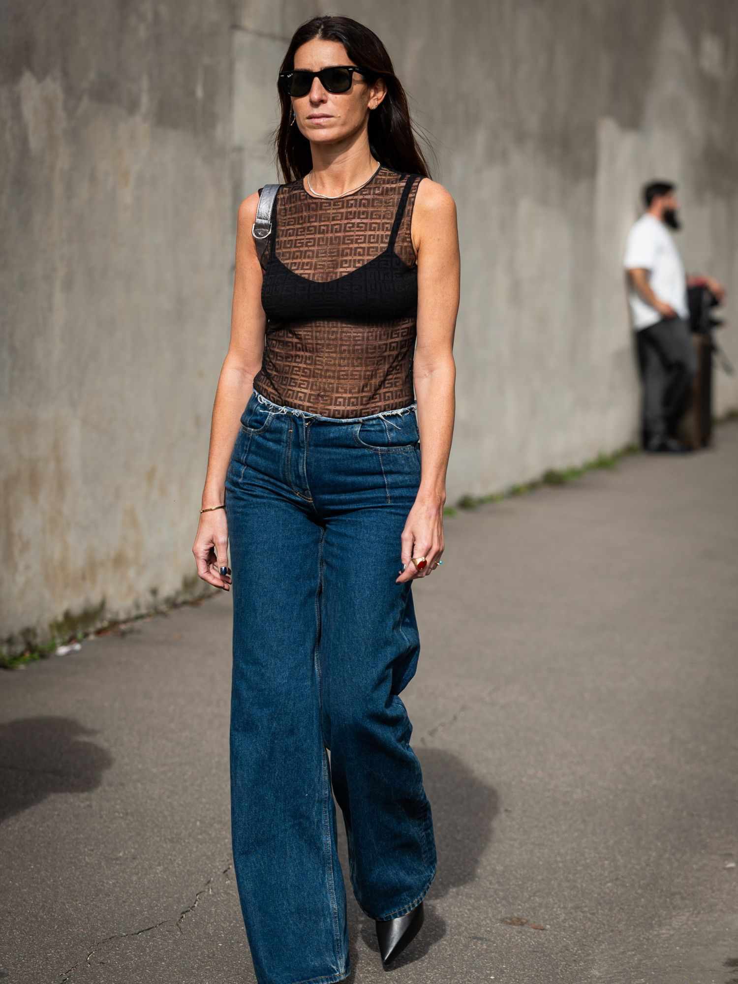 Branded Sheer Top with Wide-Leg Jeans Branded Sheer Top with Wide-Leg Jeans — Sheer Top Outfits 2027