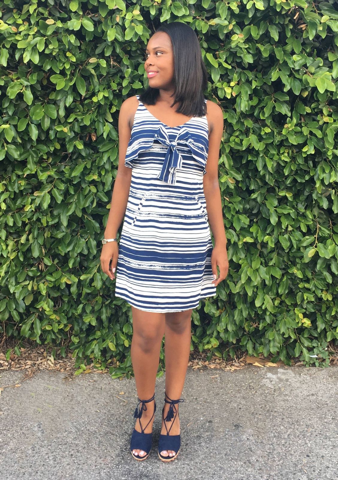 Navy and White Striped Dress with Tie-Front Bodice for Casual Cruise Dinners Navy and White Striped Dress with Tie-Front Bodice for Casual Cruise Dinners — Cruise Dinner Dress 2027