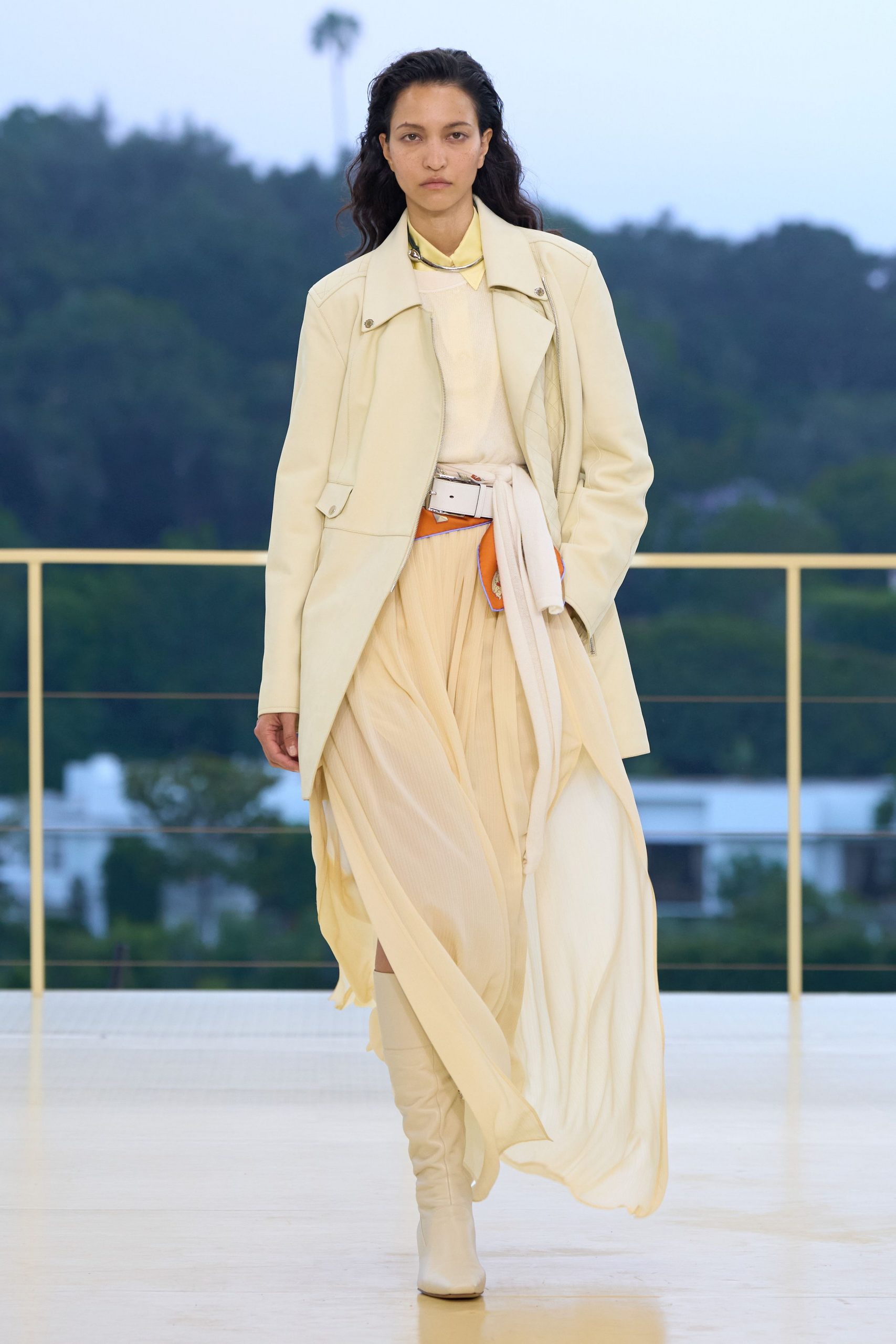 Resort Ready: Flowing Skirt, Collared Shirt, and Knee-High Boots Resort Ready: Flowing Skirt, Collared Shirt, and Knee-High Boots — Europe Outfits 2027