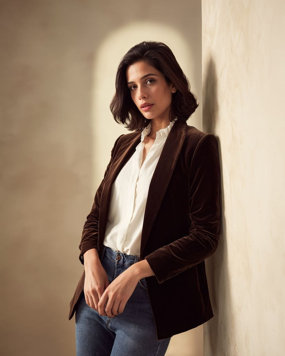 White Ruffled Blouse with Brown Velvet Blazer and Blue Jeans White Ruffled Blouse with Brown Velvet Blazer and Blue Jeans — Blouse Outfits 2027 with Blazer