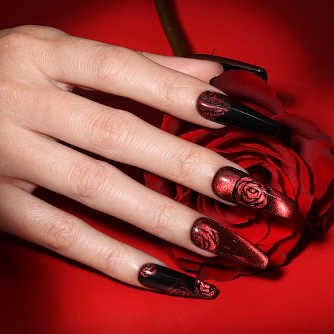 Metallic Red Cat Eye Rose Design Coffin Nails Metallic Red Cat Eye Rose Design Coffin Nails — Date Night Nails 2027