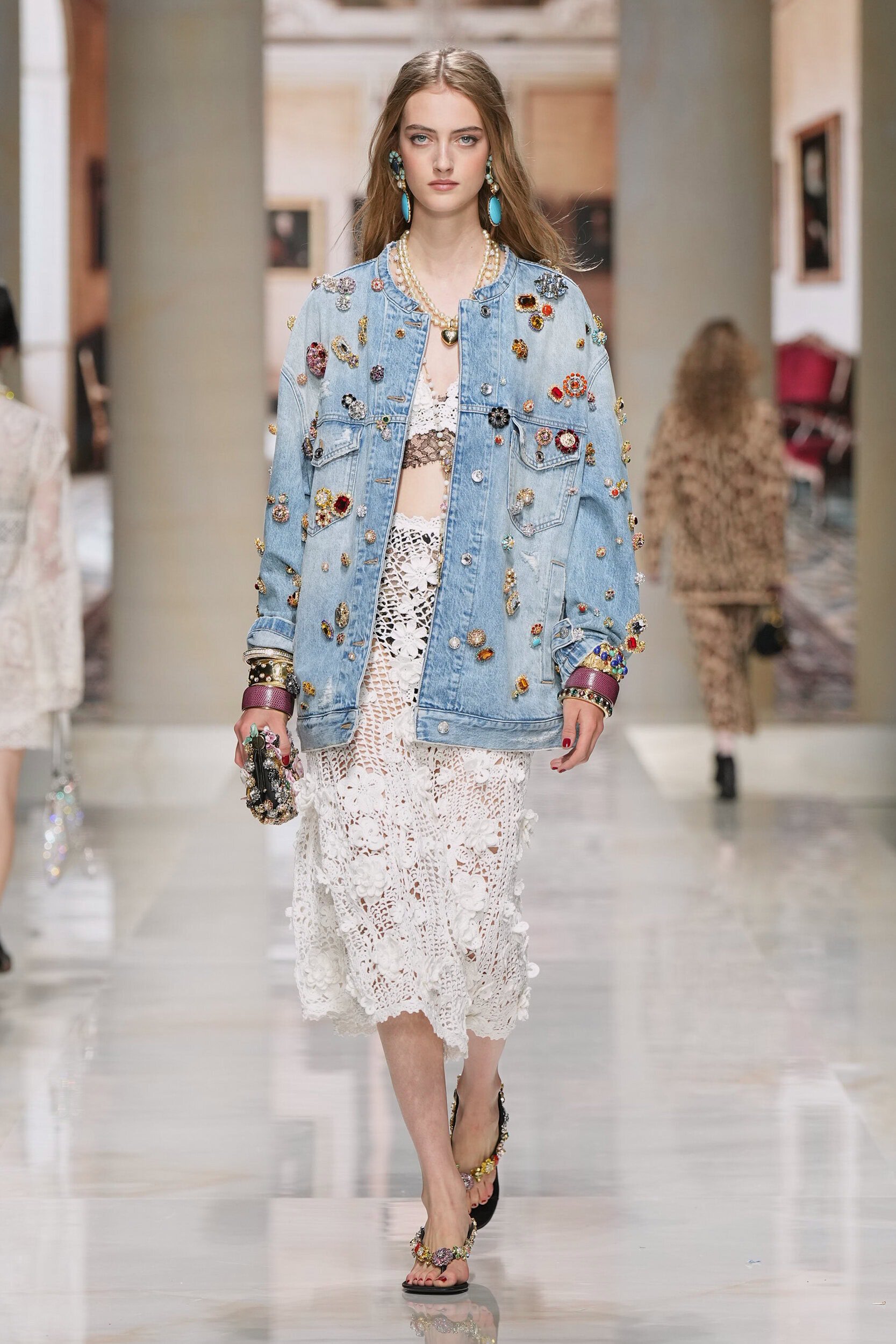 Embellished Denim Jacket Layered Over a White Lace Bralette Embellished Denim Jacket Layered Over a White Lace Bralette — Spring Outfits 2027 with Jeans