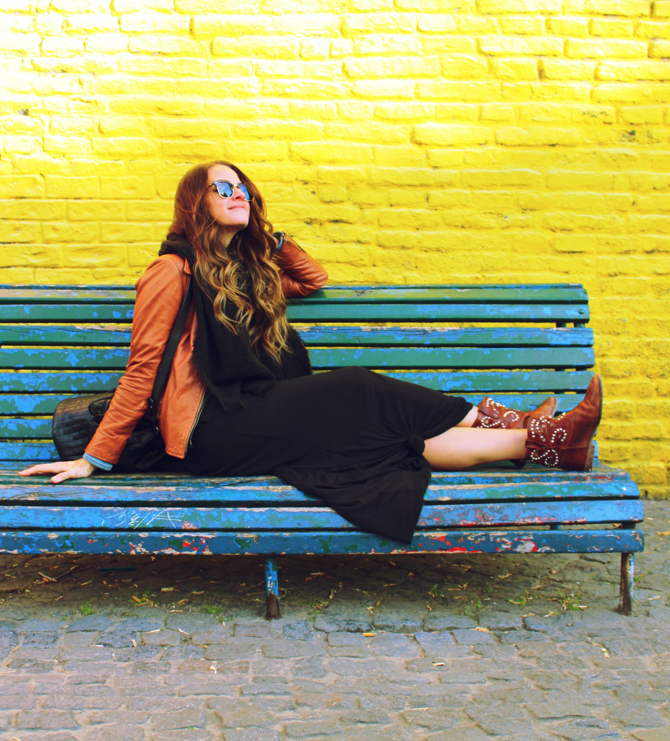 Brown Leather Jacket Over Black Maxi Dress Brown Leather Jacket Over Black Maxi Dress — Winter Colorful Outfits 2027