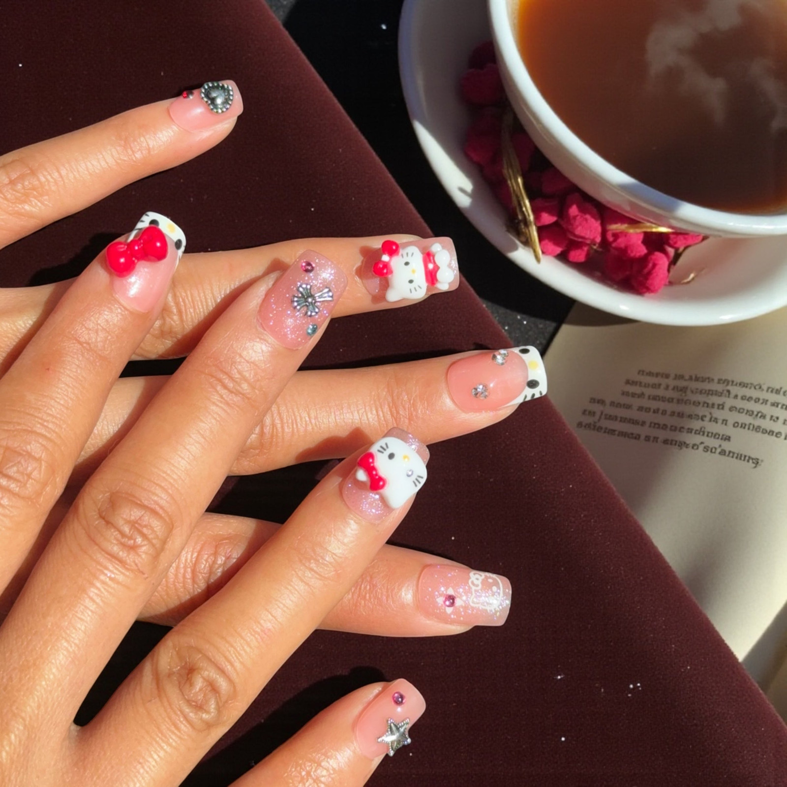 Short Oval Red French Tip Hello Kitty — Red Hello Kitty Nails 2027