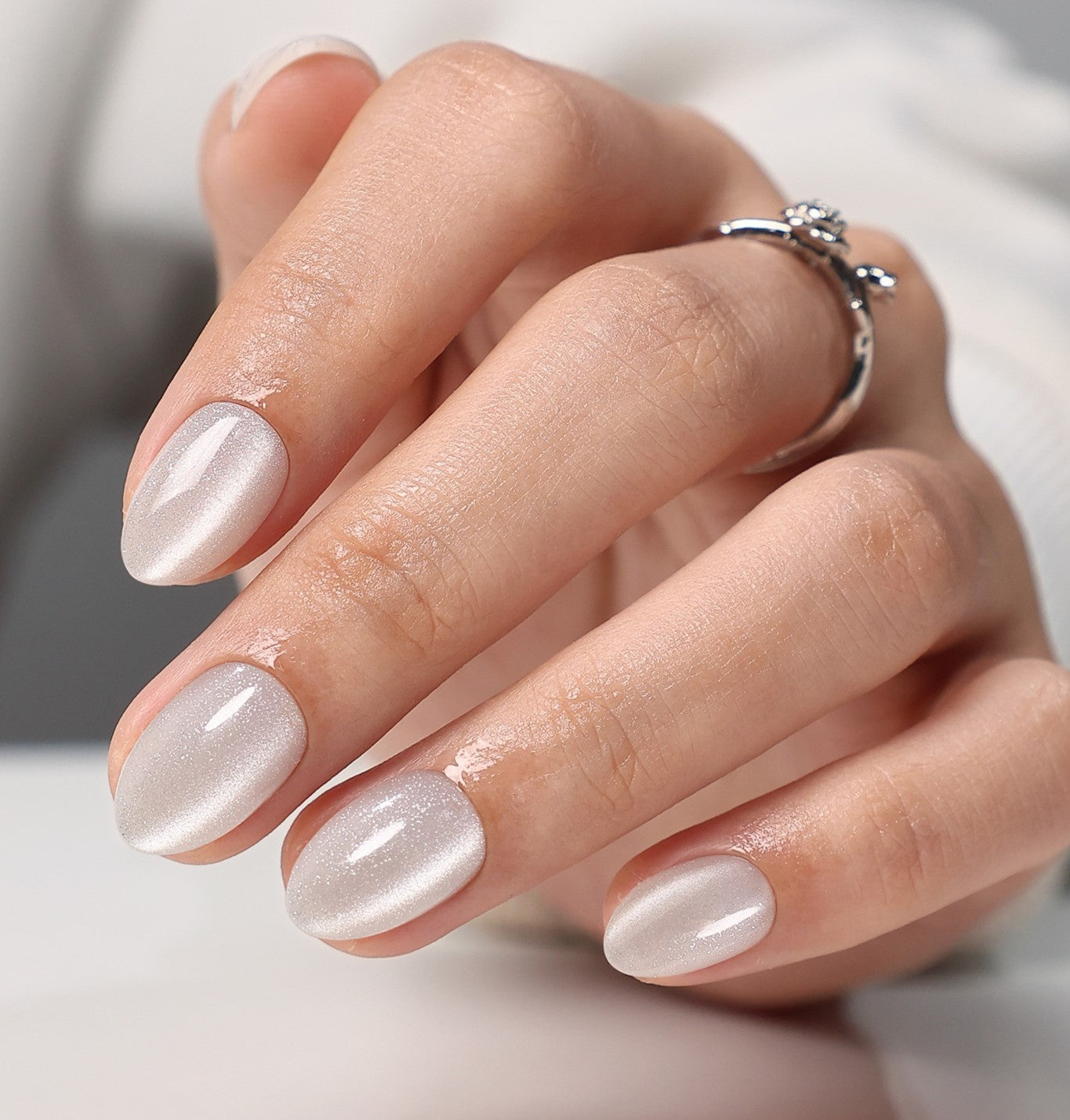 Moonlit Pearl Cat Eye Extra Short Almond Press-On Nails