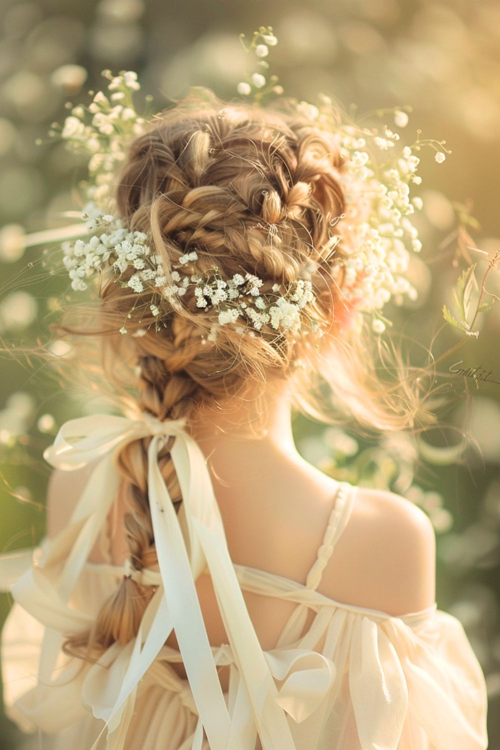 Light Brown Braided Updo with Ribbons — Flower Crown Hairstyles 2027