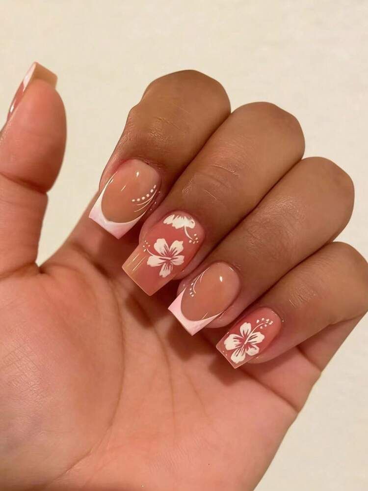 White Hibiscus Nude French Short Square White Hibiscus Nude French Short Square — Hibiscus Flower Nails 2027
