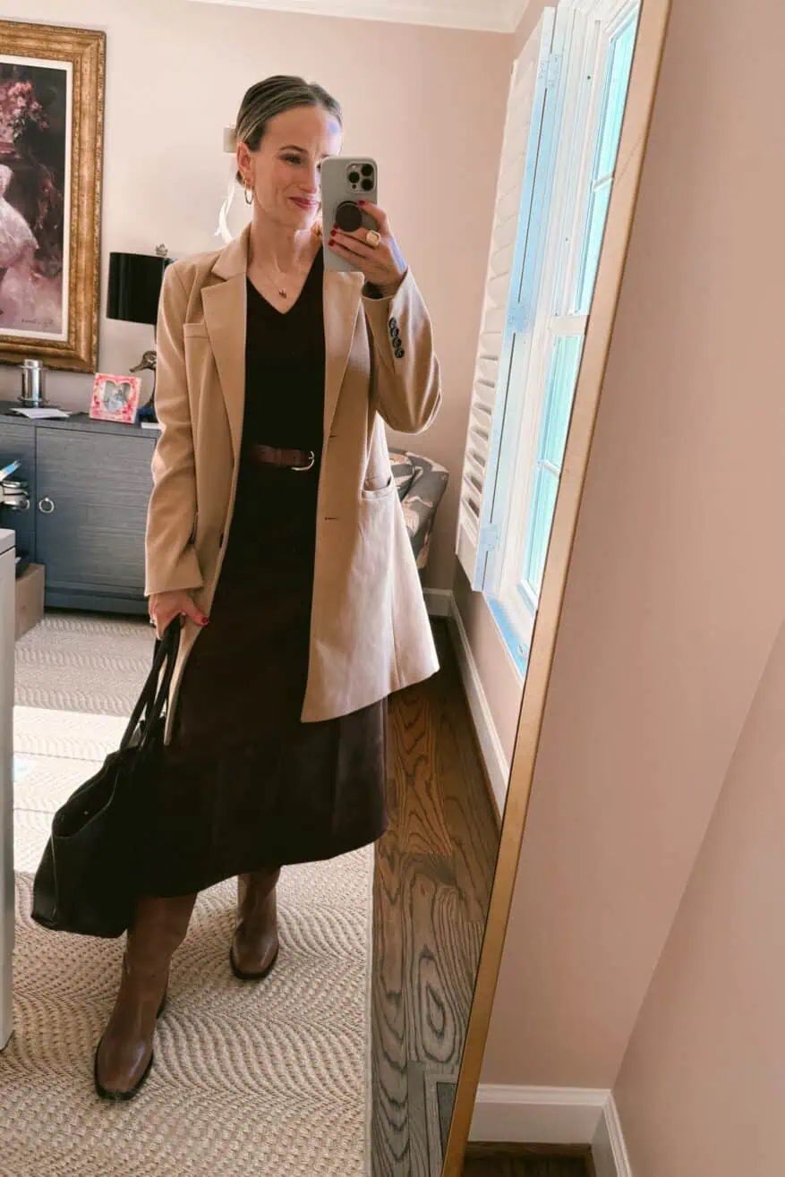 Beige Trench Coat and Tweed Dress for a Chic Layered Look Beige Trench Coat and Tweed Dress for a Chic Layered Look — Winter Outfits Warm Climate 2027