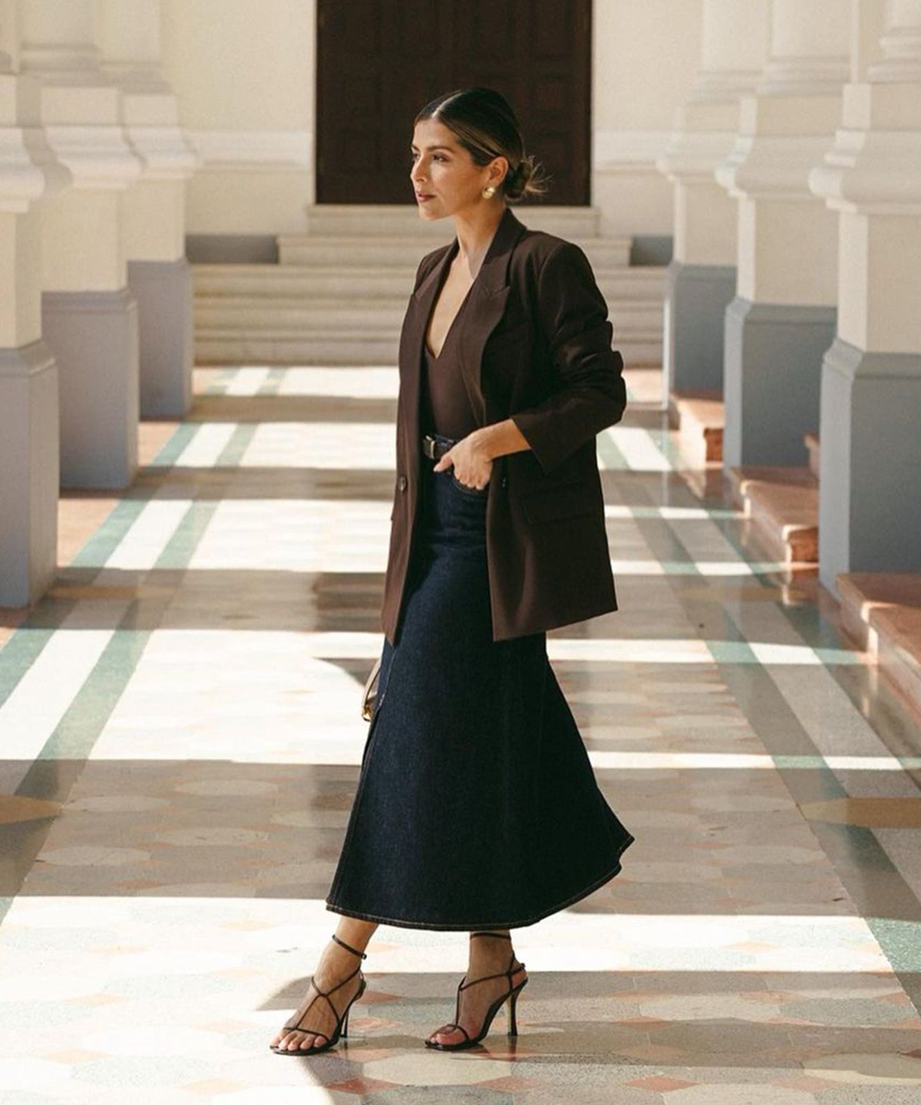 Denim Midi Skirt with Oversized Blazer for an Elevated Casual Office Denim Midi Skirt with Oversized Blazer for an Elevated Casual Office — Tech Office Outfits 2027