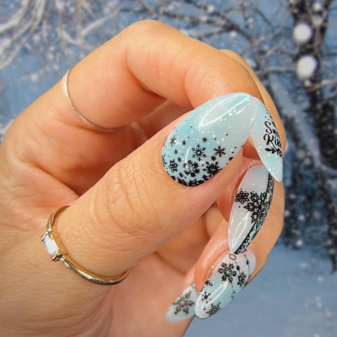 Light Blue Gradient Snowflake Text Nails Light Blue Gradient Snowflake Text Nails — Medium Length Winter Nails 2027