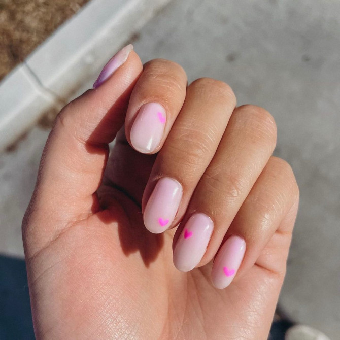 Milky Pink Oval with Scattered Hearts Milky Pink Oval with Scattered Hearts — Mismatched Heart Nails 2027
