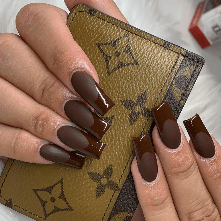 Brown Matte Double Glossy French Tip Nails Brown Matte Double Glossy French Tip Nails — Winter Coffin Nails 2027