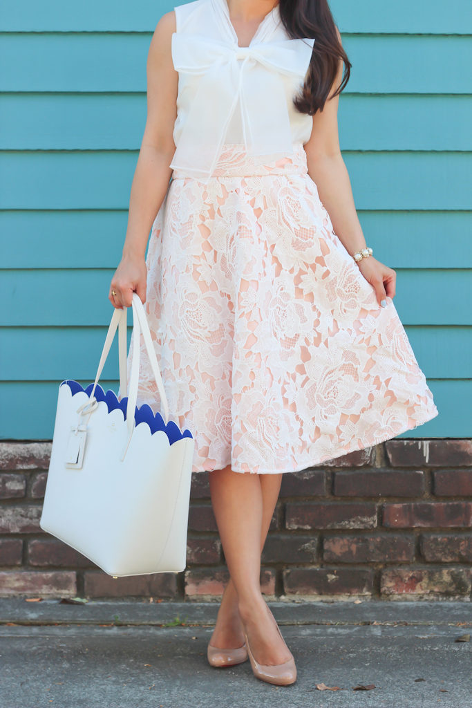 White Top with Neckline Bow and Pink Lace Midi Skirt White Top with Neckline Bow and Pink Lace Midi Skirt — Bows and Lace Outfits 2027