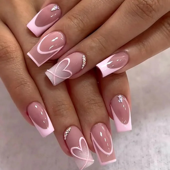 Short Pink Heart Outline Rhinestone Square Nails Short Pink Heart Outline Rhinestone Square Nails — Short Heart Coffin Nails 2027