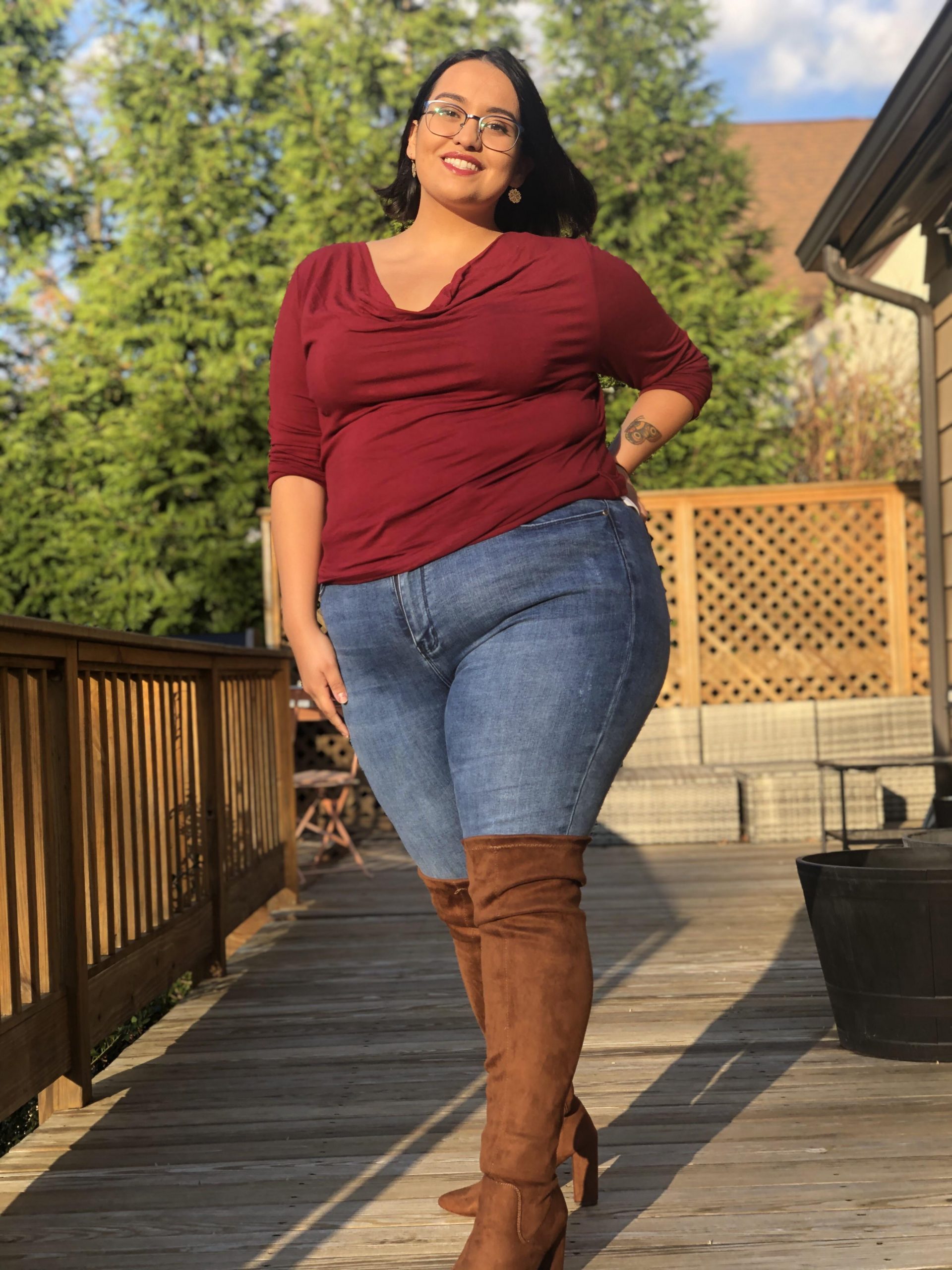 Burgundy Cowl-Neck Top with Over-the-Knee Boots — Plus Size Thanksgiving Outfits 2026