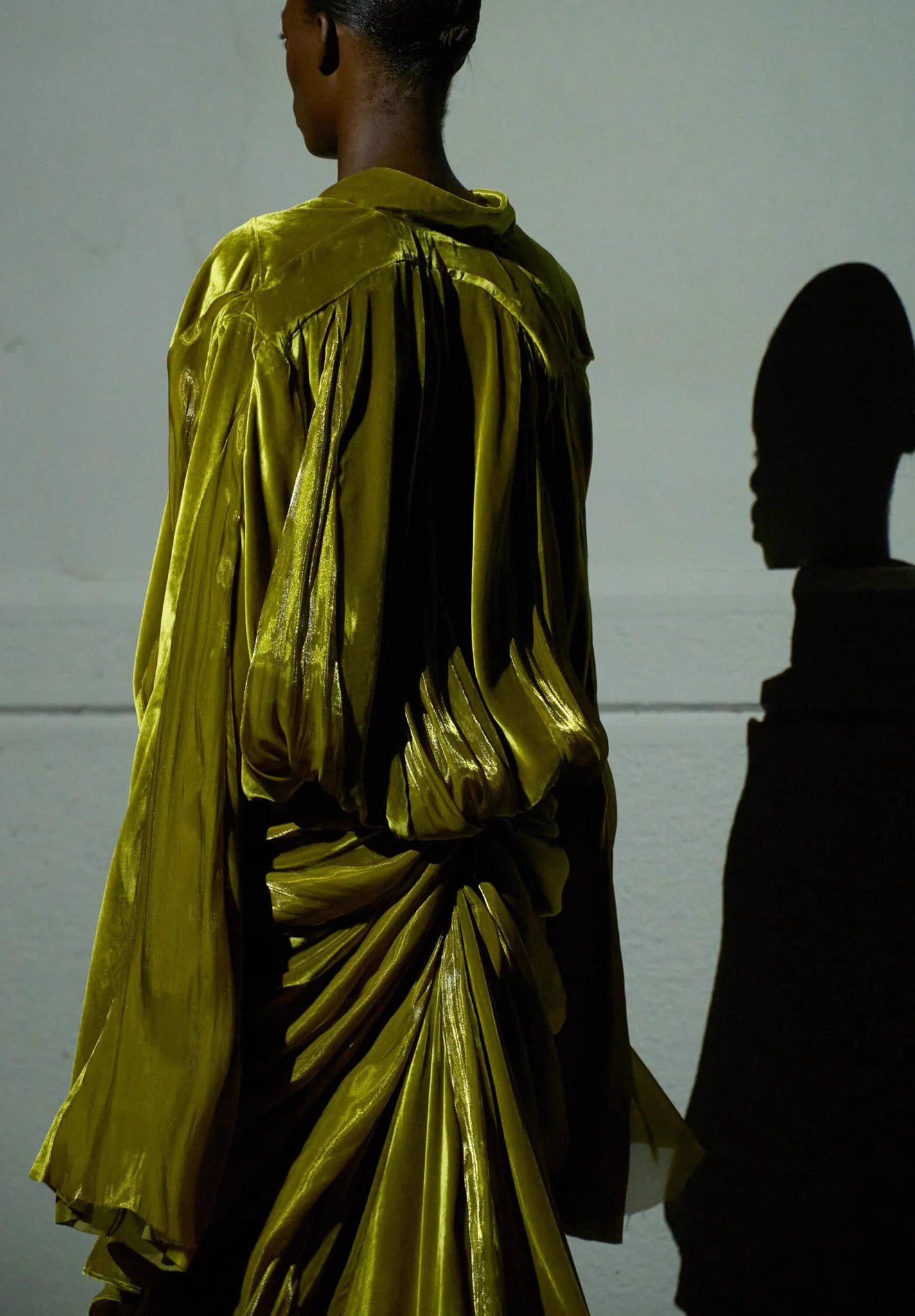 Dramatic Entrance: Chartreuse Metallic Draped Dress — Metallic Outfits 2027