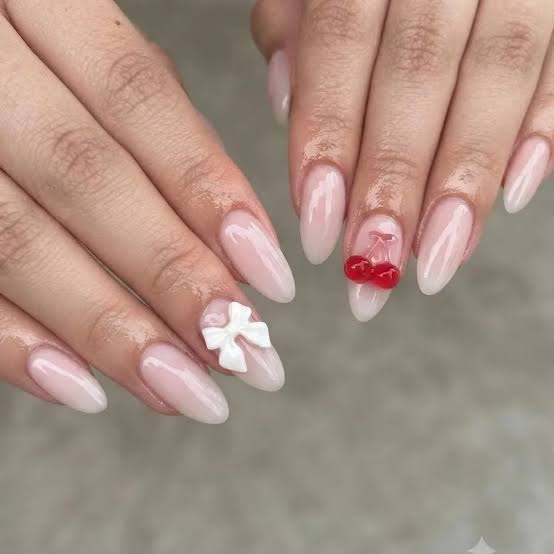 3D Bow Cherry Nude Almonds 3D Bow Cherry Nude Almonds — Small Bow Nails 2027