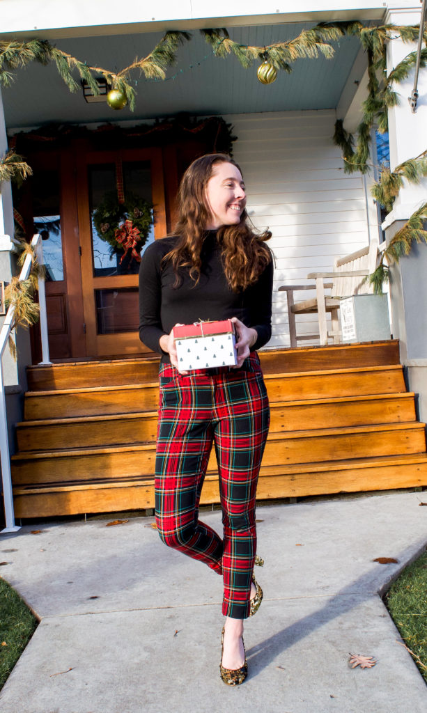 Fitted Plaid Trousers with a Black Top — Plaid Christmas Outfits 2026