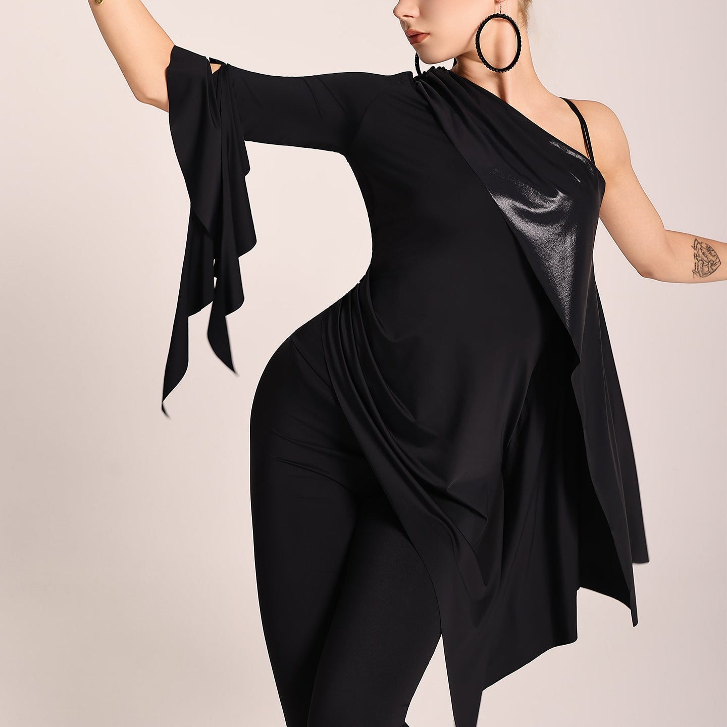 Metallic Sheen: Asymmetrical Top with Draped Sleeves Metallic Sheen: Asymmetrical Top with Draped Sleeves — Dance Outfits 2027